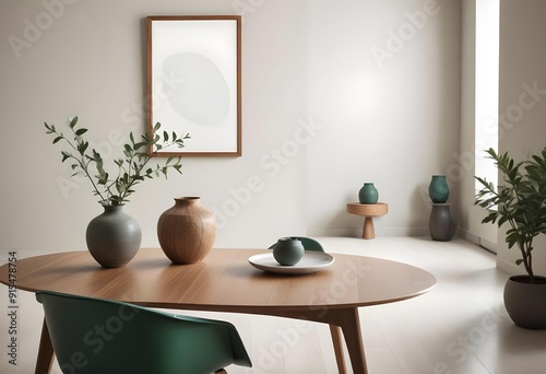 A modern dining room with a wooden table and chairs, a green accent wall, and pendant lights