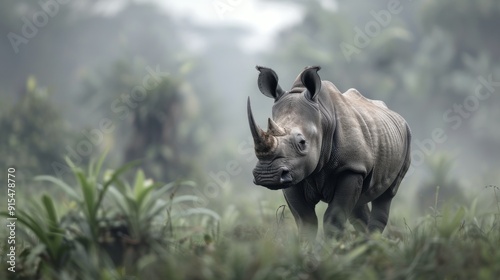 Rhinoceros Walking Through Misty African Savannah at Dawn