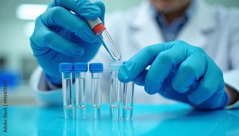 Precision in action A scientist meticulously transfers a sample into a test tube Precision in action A scientist meticulously transfers a sample into a test tube