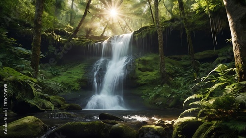 A small waterfall cascades down moss-covered rocks in a lush, green forest. Sunlight streams through the trees, creating a magical atmosphere.
