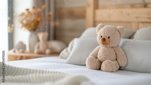 Cozy Teddy Bear on Bed Surrounded by Soft Lighting and Blurred Ornaments