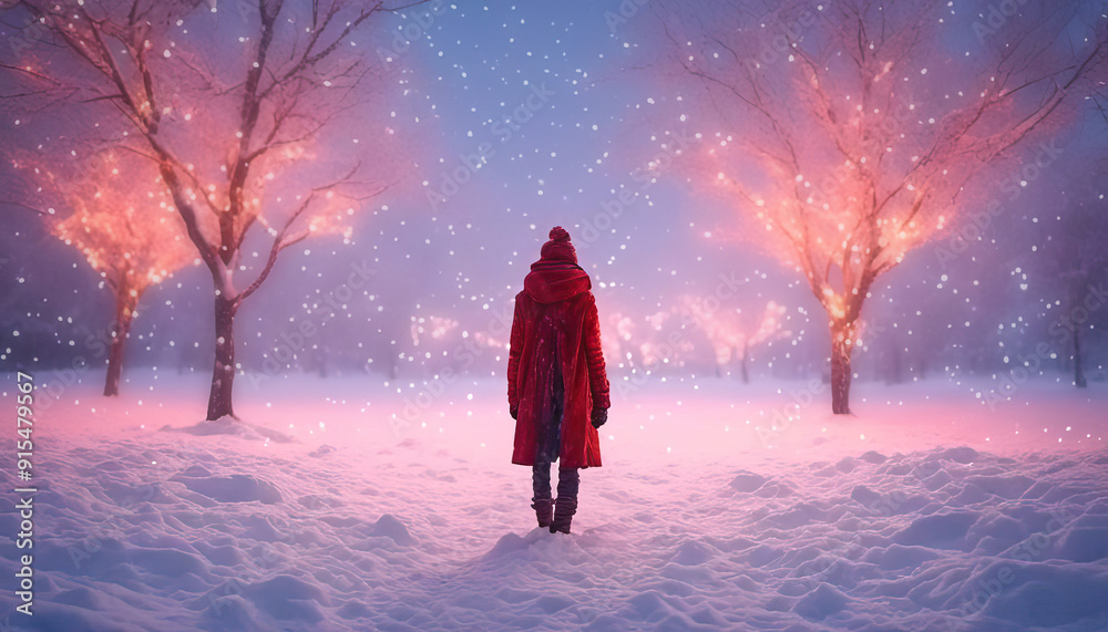 Beautiful winter scene with snow and lights and copy space Beautiful winter scene with snow and lights and copy space