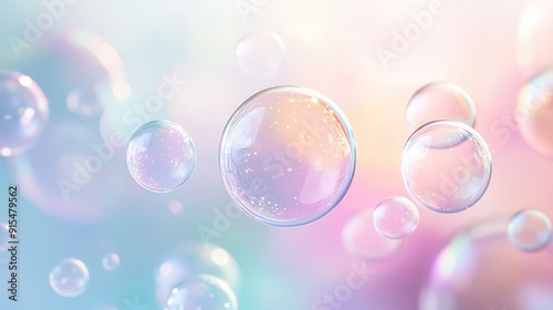 A soft and ethereal abstract background featuring delicate soap bubbles with gentle color gradients and light reflections.