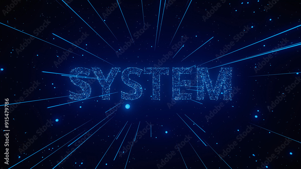 Fototapeta premium A visual display features the word system, created with glowing particles radiating outward against a dark background.