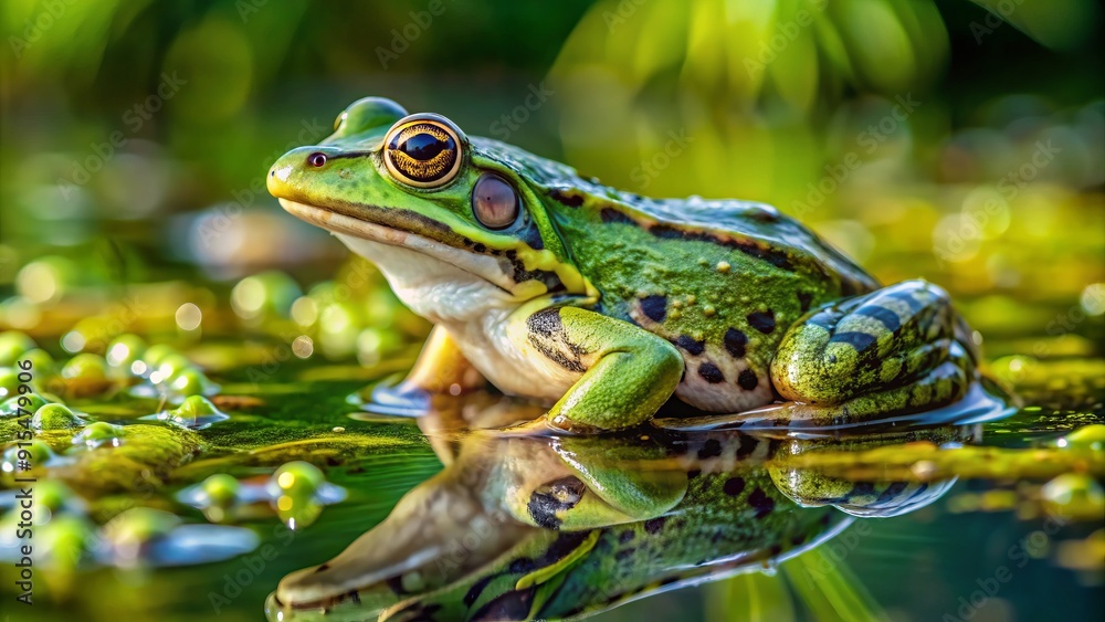 A solitary marsh frog, Pelophylax ridibundus, perches on a lake's edge, its vibrant green skin glistening with dew, as it intently surveils its aquatic surroundings. A solitary marsh frog, Pelophylax ridibundus, perches on a lake's edge, its vibrant green skin glistening with dew, as it intently surveils its aquatic surroundings.