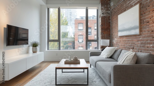 Modern Living Room With Exposed Brick and City View in Urban Apartment