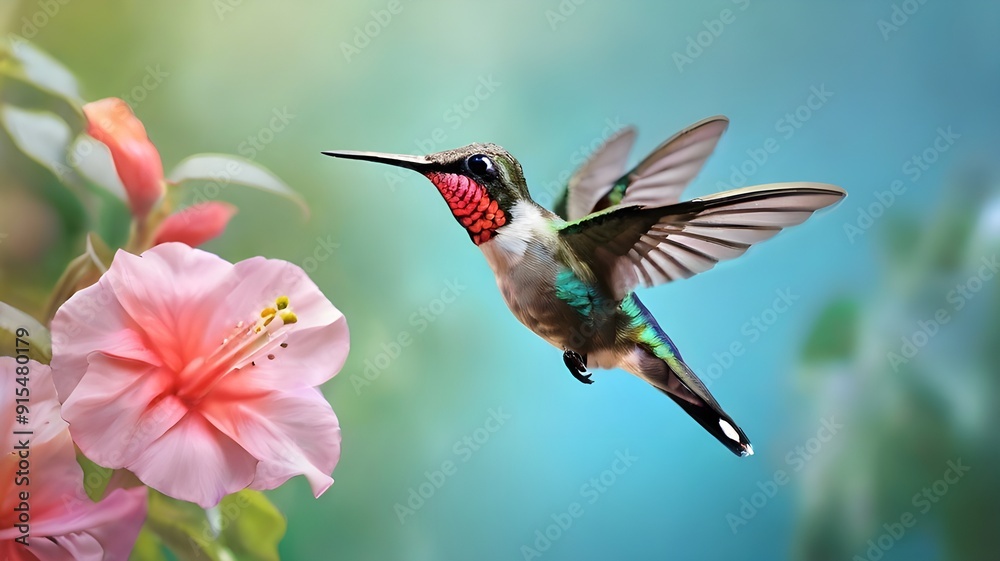 A pastel background with a Long-billed Starthroat hummingbird hovering in the air. A humminbird in midair. A garden bird. A humminbird in its natural habitat. luminous bird in the wild A pastel background with a Long-billed Starthroat hummingbird hovering in the air. A humminbird in midair. A garden bird. A humminbird in its natural habitat. luminous bird in the wild