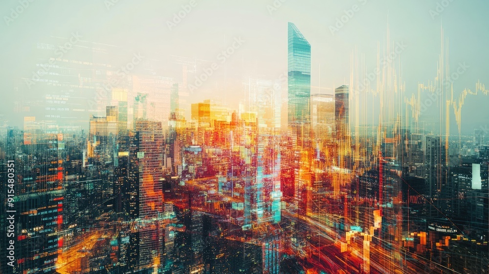 Fototapeta premium Double exposure of financial graphs and a vibrant cityscape, illustrating the stock market's influence on urban growth.