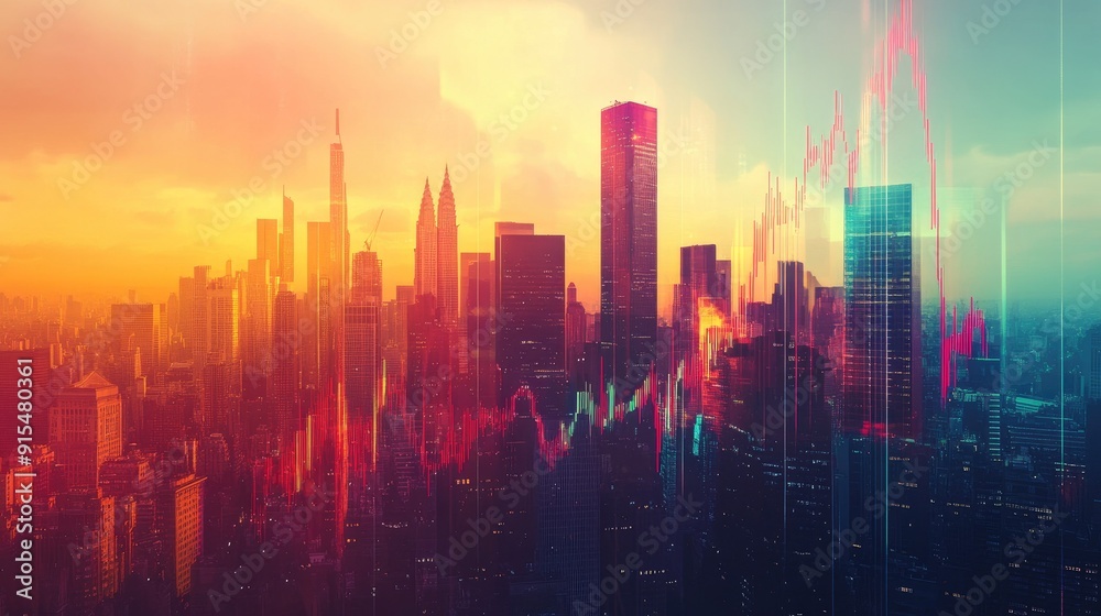 Fototapeta premium Double exposure of financial graphs and a vibrant cityscape, illustrating the stock market's influence on urban growth.