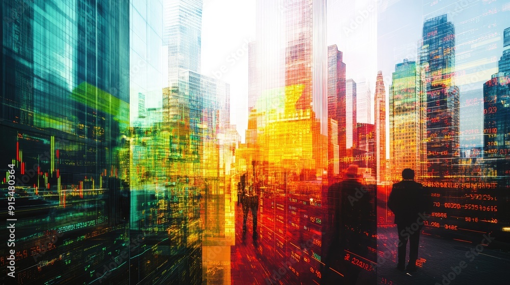 Double exposure of financial graphs and a vibrant cityscape, illustrating the stock market's influence on urban growth. Double exposure of financial graphs and a vibrant cityscape, illustrating the stock market's influence on urban growth.