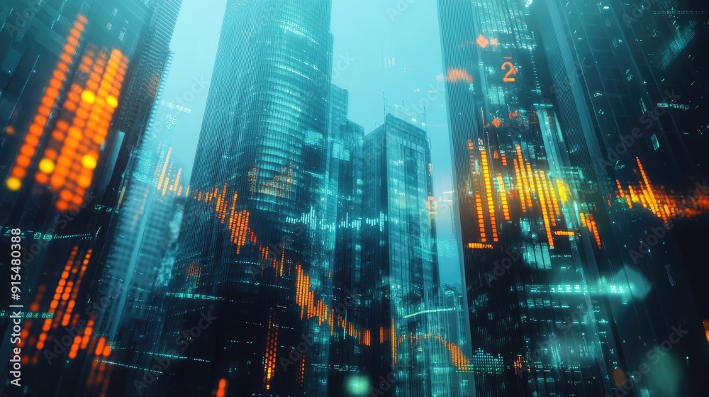 Double exposure of financial graphs and skyscrapers, blending digital indicators with a modern urban landscape, symbolizing the stock market business concept. Double exposure of financial graphs and skyscrapers, blending digital indicators with a modern urban landscape, symbolizing the stock market business concept.