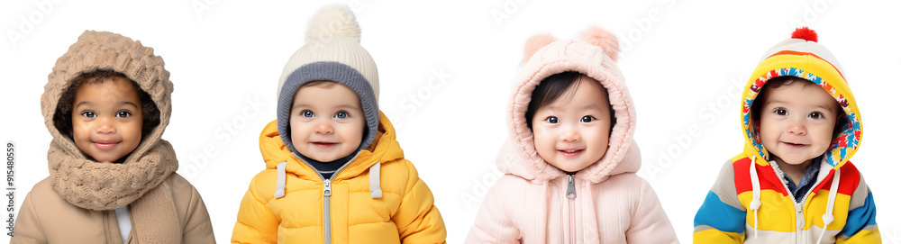 Head shot set of toddlers from different ethnicity wearing warm winter wear Head shot set of toddlers from different ethnicity wearing warm winter wear
