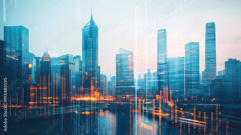 Obraz premium Double exposure of financial indicators and a modern skyline, representing the stock market's impact on urban areas and business growth.