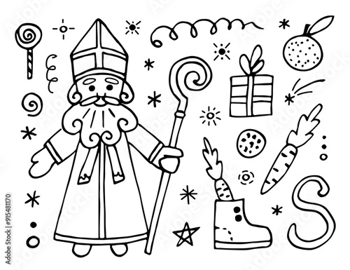 Sinterklaas in cassock and miter, staff in hand. Cookies and gifts, carrot in the shoe. Festive set of simple doodle elements. St. Nicholas Day. Black outline, ink sketch.