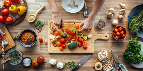 Point-of-view of a person chopping vegetables on a cutting board, with various fresh ingredients and cooking utensils on a kitchen countertop.