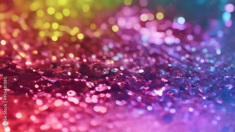 Slow motion of blurred glitter background features a gradient of colors, starting with pink and transitioning to turquoise. Slow motion of blurred glitter background features a gradient of colors, starting with pink and transitioning to turquoise.