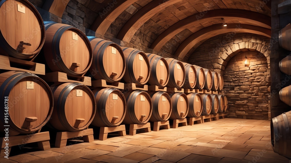 A stone cellar with rows of wooden barrels stacked along the walls. A stone cellar with rows of wooden barrels stacked along the walls.