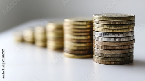 Euro coins stacked neatly in ascending order on a white background, symbolizing financial growth and stability