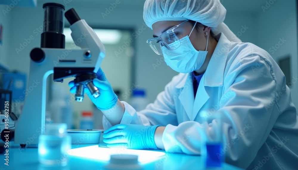 Focused scientist in lab analyzing samples under microscope Focused scientist in lab analyzing samples under microscope