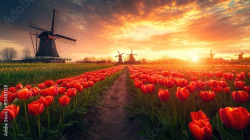 Idyllic Dutch scene with rows of tulips leading to historic windmills in Zaanse Schans, bathed in warm, golden light.
