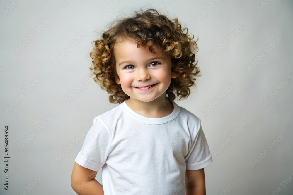 A sweet, carefree child with curly hair strikes a pose in a crisp white tee, showcasing innocence and joy against a clean, minimalist backdrop. A sweet, carefree child with curly hair strikes a pose in a crisp white tee, showcasing innocence and joy against a clean, minimalist backdrop.