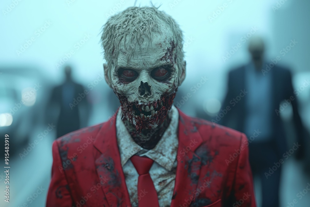 A terrifying zombie dressed in a red suit, wandering through a foggy landscape, embodying horror and the undead. A terrifying zombie dressed in a red suit, wandering through a foggy landscape, embodying horror and the undead.