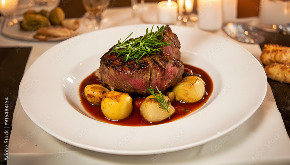 Gourmet Beef Dish with Roasted Potatoes and Rich Sauce in Elegant Dining Setting Gourmet Beef Dish with Roasted Potatoes and Rich Sauce in Elegant Dining Setting