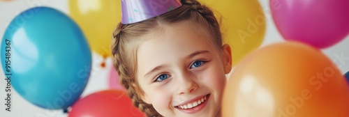 Radiant Celebration: A Young Girl with Blue Eyes, Braids, and a Party Hat Amidst Colorful Balloons, Exuding Joy for Festive Occasions