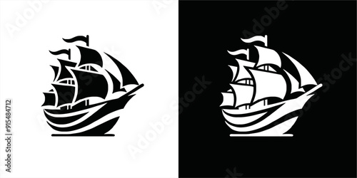 Simple Logo Sailing Ship and Sea Wave vector.silhoutte