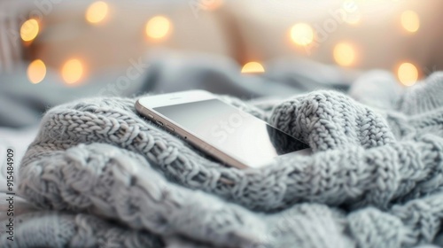 Smartphone Resting on Cozy Knitted Blanket With Warm Lights in Background