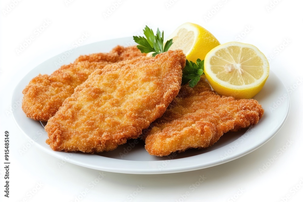 Three Crispy Breaded Cutlets Served with Lemon Wedges and Parsley Three Crispy Breaded Cutlets Served with Lemon Wedges and Parsley