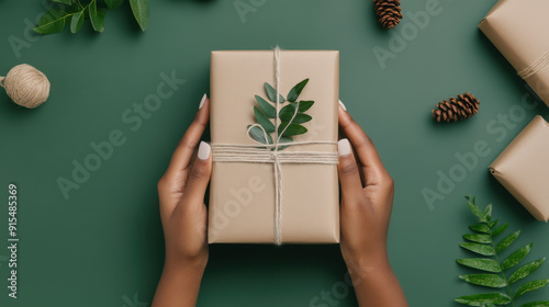 Close-up of hands packing a parcel with eco-friendly materials, emphasizing sustainability photo