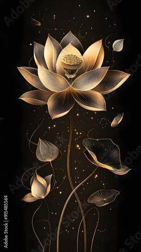 Golden Lotus Flower Silhouette in Elegant Line Work