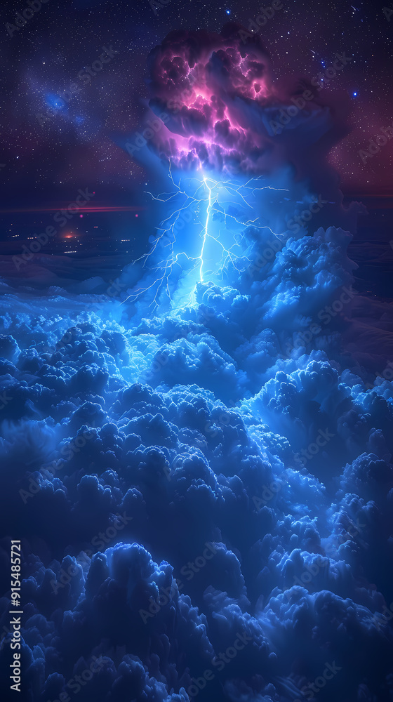 The Blue Jet lightning phenomenon occurs in the upper atmosphere. When powerful blue lightning flashes shoot up from the tops of high cumulonimbus clouds. The Blue Jet lightning phenomenon occurs in the upper atmosphere. When powerful blue lightning flashes shoot up from the tops of high cumulonimbus clouds.