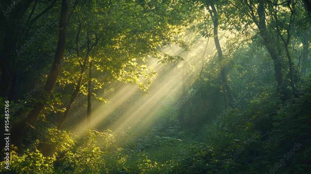 Lush green forest bathed in warm sunlight, creating a magical atmosphere with beams of light dancing through the trees. Lush green forest bathed in warm sunlight, creating a magical atmosphere with beams of light dancing through the trees.