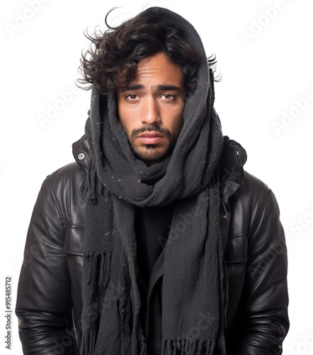 Young mixed race man expressing tiredness and sadness covered in black clothes