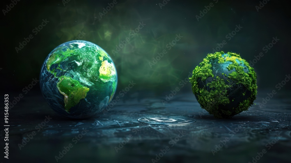 two planets, each depicted with a different state of vegetation. two planets, each depicted with a different state of vegetation.