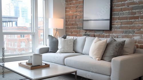 Modern Living Room With Exposed Brick and City View in Urban Apartment