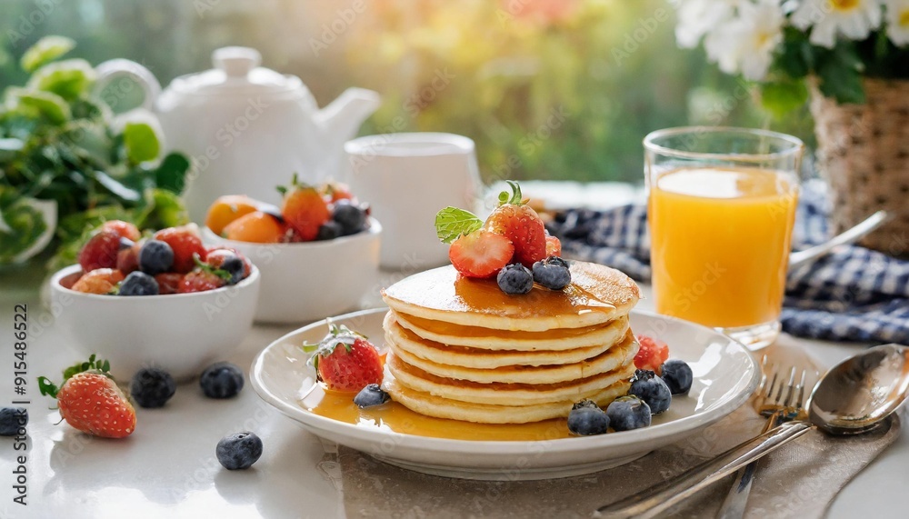 Pancakes with berries and honey on orange juice on morning breakfast in kitchen at table , family food cakes homemade meal nutrition concept. Pancakes with berries and honey on orange juice on morning breakfast in kitchen at table , family food cakes homemade meal nutrition concept.