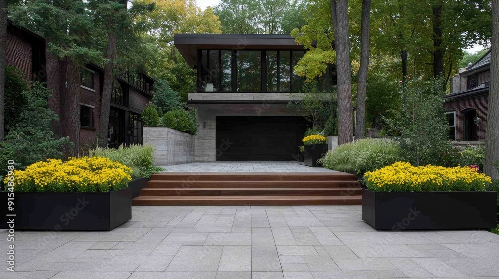 A stunning modern home entrance features sleek grey stone walls, a black garage door, and wooden stairs adorned with yellow flower pots on either side A stunning modern home entrance features sleek grey stone walls, a black garage door, and wooden stairs adorned with yellow flower pots on either side