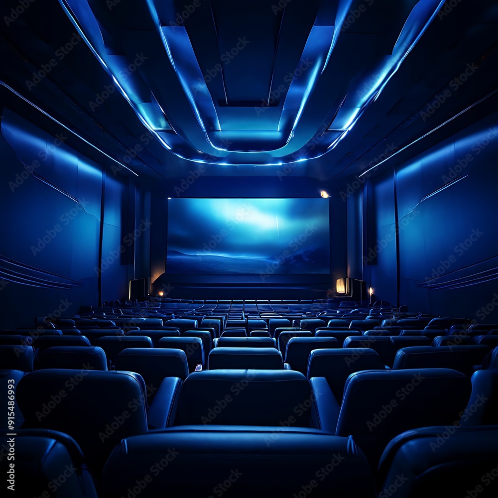 An empty luxury movie theater with Imax screen in blue light tone background, interior building design concept