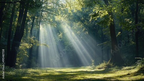 Majestic woodland scene with rays of sunlight piercing through the dense canopy, illuminating the tranquil surroundings.