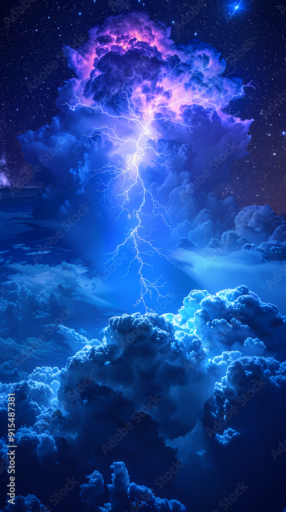 Obraz premium The Blue Jet lightning phenomenon occurs in the upper atmosphere. When powerful blue lightning flashes shoot up from the tops of high cumulonimbus clouds.