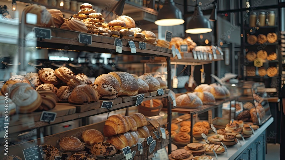 A bustling bakery with a variety of freshly baked goods on display. A bustling bakery with a variety of freshly baked goods on display.