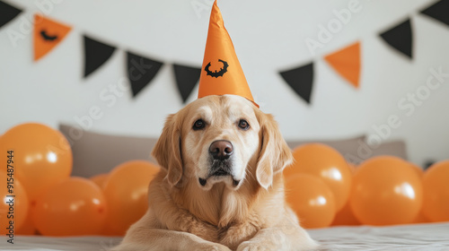 Adorable pets in themed costumes, playing with Halloween balloons and decorations, [Pet Playtime] photo