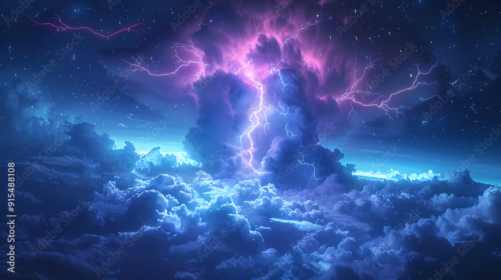 Obraz premium The Blue Jet lightning phenomenon occurs in the upper atmosphere. When powerful blue lightning flashes shoot up from the tops of high cumulonimbus clouds.