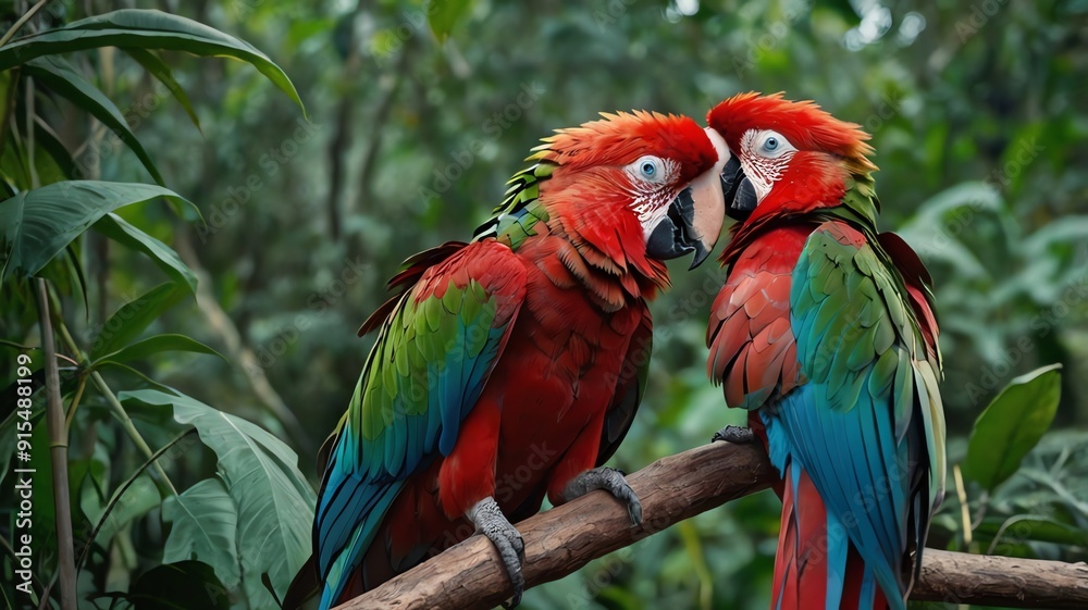 A bright red, blue, and green parrot is perched on a wooden branch. It has a black beak and is looking to the left. A bright red, blue, and green parrot is perched on a wooden branch. It has a black beak and is looking to the left.