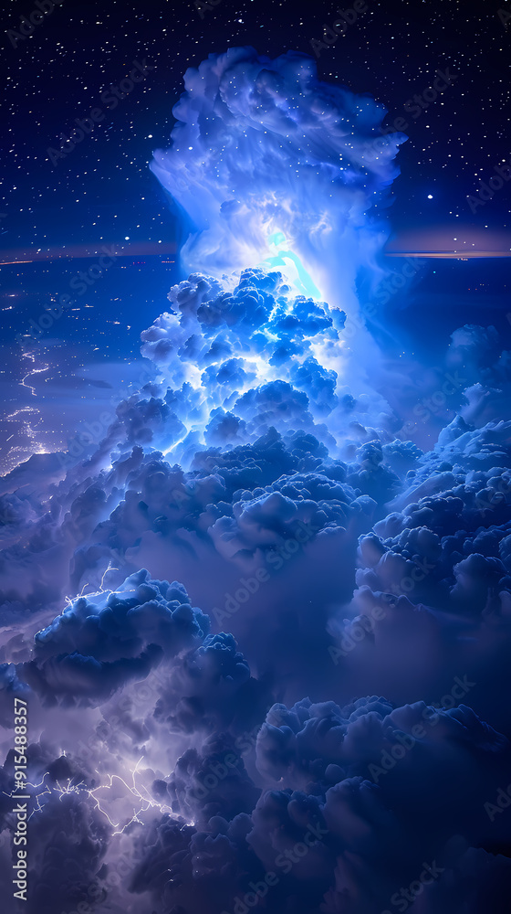 The Blue Jet lightning phenomenon occurs in the upper atmosphere. When powerful blue lightning flashes shoot up from the tops of high cumulonimbus clouds. The Blue Jet lightning phenomenon occurs in the upper atmosphere. When powerful blue lightning flashes shoot up from the tops of high cumulonimbus clouds.