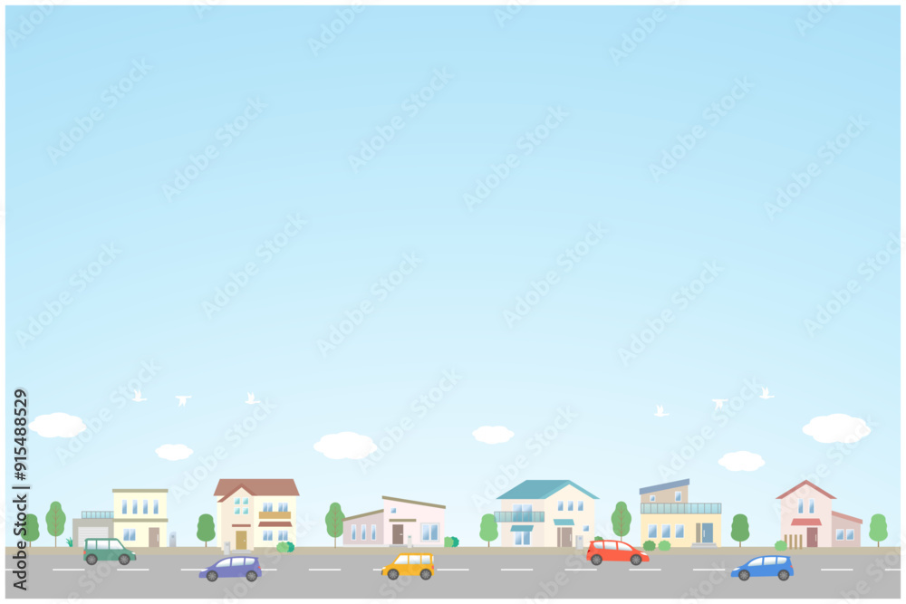 街並みのイラスト 青空と家が立ち並ぶ住宅地の風景 街並みのイラスト 青空と家が立ち並ぶ住宅地の風景