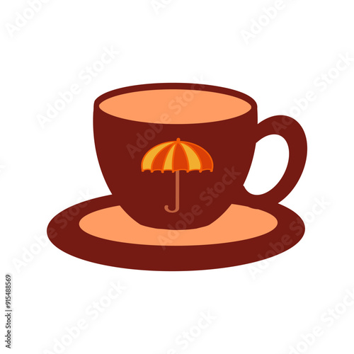 A warm cup of coffee with an umbrella design on a saucer resting on a table